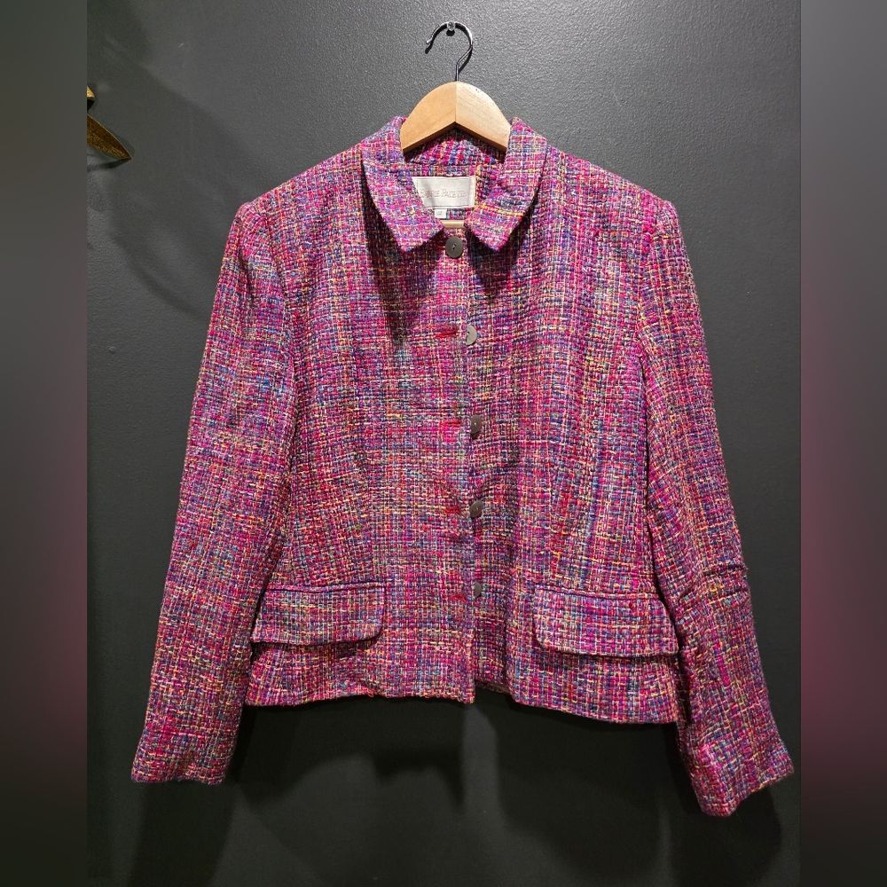 Vintage Multicolor Silk Tweed Blazer Womens Size 12 Button Down Boxy Barrie Pace